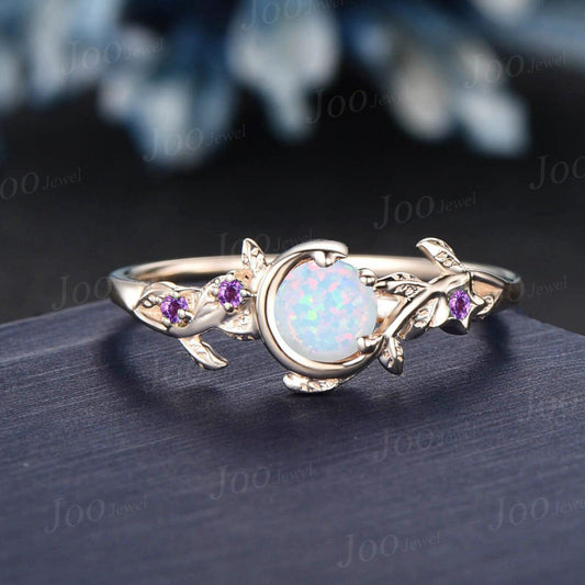 Nature Inspired Branch Opal Engagement Ring Vintage Moon Star Wedding Ring Cluster Amethyst Ring Unique October Birthstone Birthday Gifts
