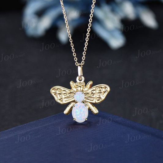 14K Solid Gold Honey Bee Necklace White Fire Opal Pendant Personalized Cute Honey Bee Opal Jewelry Women October Birthstone Birthday Gifts
