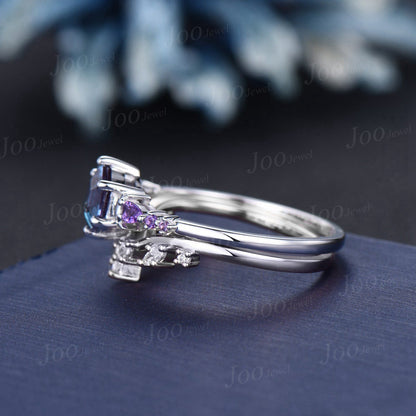 1ct Hexagon Nature Inspired Color-Change Alexandrite Engagement Ring Set 14K White Gold Branch Vine Amethyst Moissanite Moon Wedding Rings