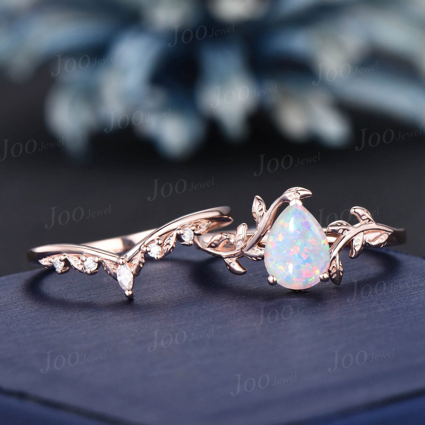 1.25ct Pear Fire Opal Engagement Ring Set Vintage 10K Rose Gold Nature Inspired Opal Diamond Wedding Ring October Birthstone Birthday Gifts