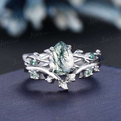 1.25ct Nature Inspired Twig Moss Agate Engagement Ring Set Branch Leaf Vine Green Emerald Ring Pear Wedding Ring Moss Agate Stone Bridal Set