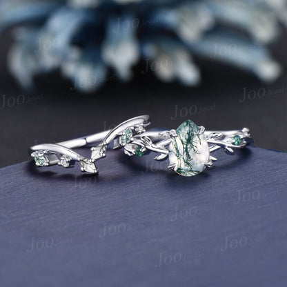 1.25ct Nature Inspired Twig Moss Agate Engagement Ring Set Branch Leaf Vine Green Emerald Ring Pear Wedding Ring Moss Agate Stone Bridal Set