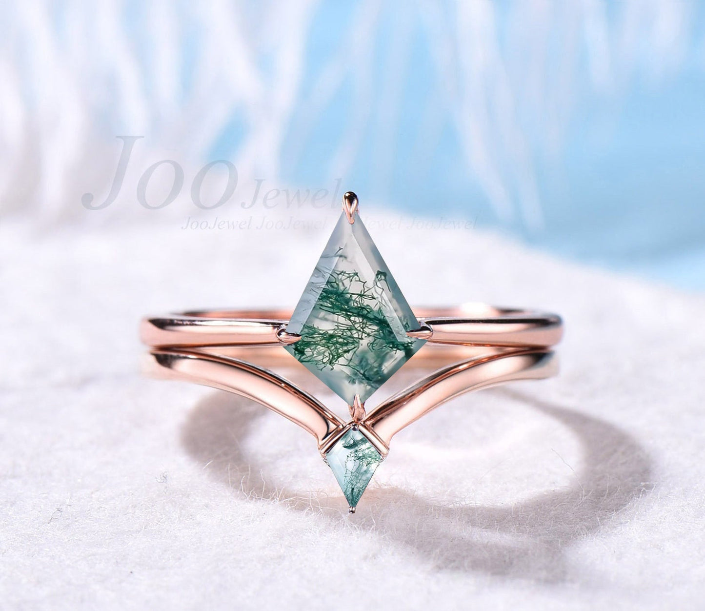 Unique 1ct Kite Moss Agate Bridal Set 10K Yellow Gold Vintage Natural Moss Agate Solitaire Rings Green Gemstone Engagement Ring For Women