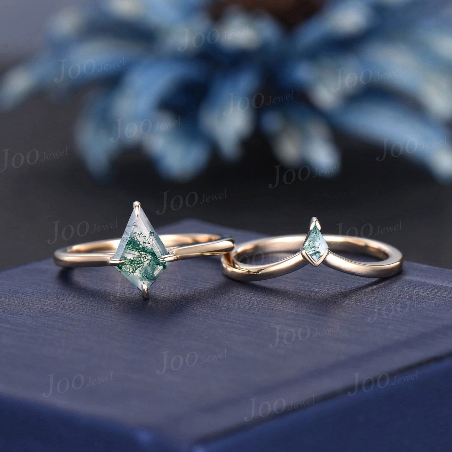 Unique 1ct Kite Moss Agate Bridal Set 10K Yellow Gold Vintage Natural Moss Agate Solitaire Rings Green Gemstone Engagement Ring For Women