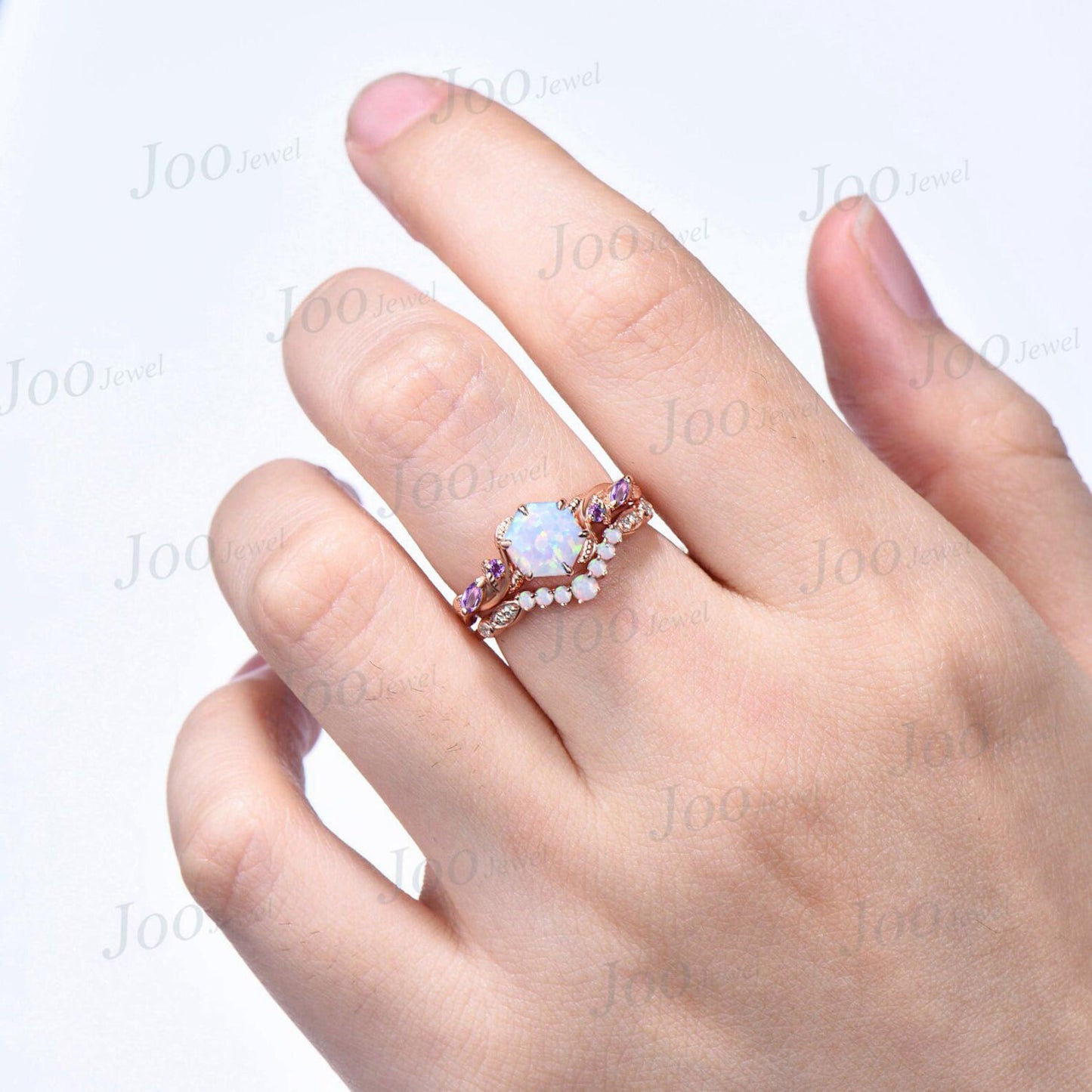 Nature Inspired Twig Opal Ring Set 10K Rose Gold Hexagon Opal Branch Engagement Ring Amethyst Wedding Ring October Birthstone Birthday Gifts