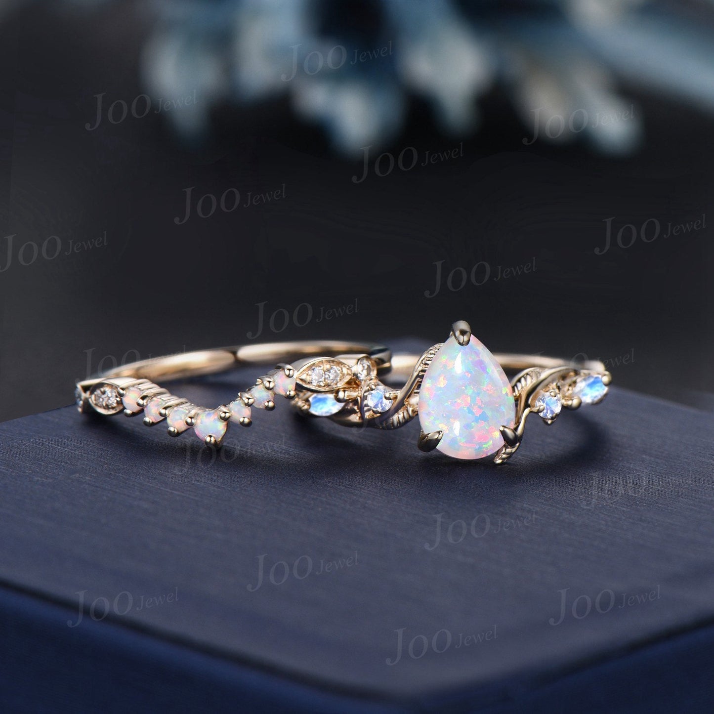 Twig Branch White Opal Ring Set 10K Gold 1.25ct Pear Fire Opal Moonstone Nature Engagement Ring Opal Wedding Band October Birthstone Gifts