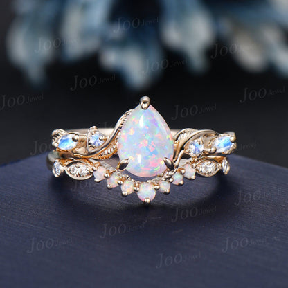 Twig Branch White Opal Ring Set 10K Gold 1.25ct Pear Fire Opal Moonstone Nature Engagement Ring Opal Wedding Band October Birthstone Gifts