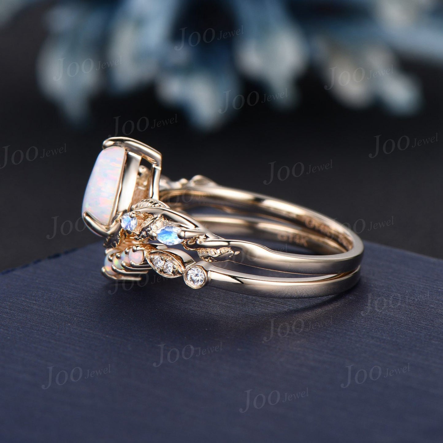 Twig Branch White Opal Ring Set 10K Gold 1.25ct Pear Fire Opal Moonstone Nature Engagement Ring Opal Wedding Band October Birthstone Gifts