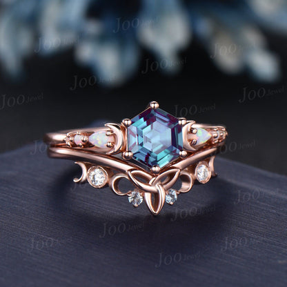 1ct Hexagon Color-Change Alexandrite Opal Engagement Ring Rose Gold Crescent Moon Wedding Ring Trinity Celtic Knot Moissanite Bridal Rings