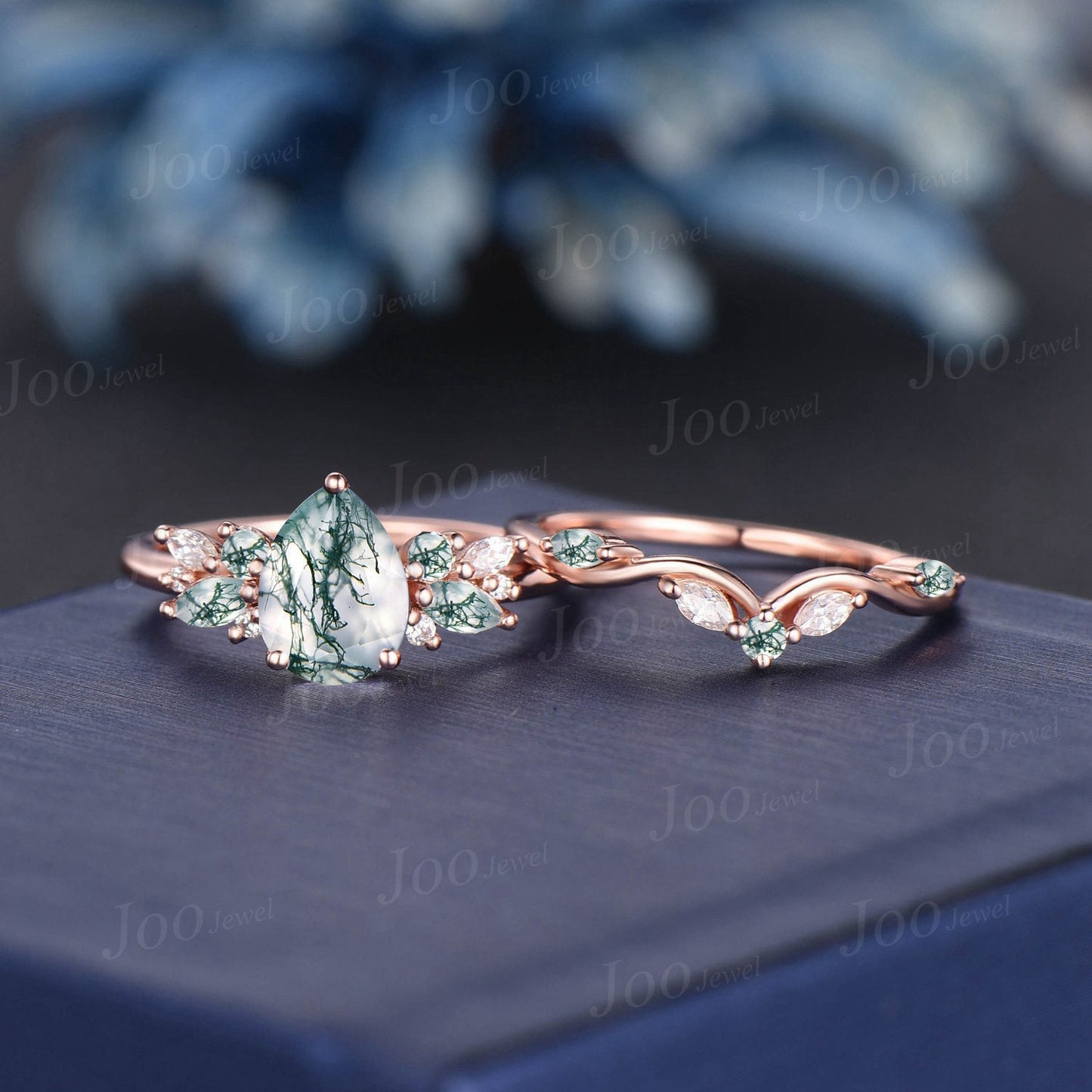 1.25ct Pear Shaped Natural Moss Agate Cluster Engagement Ring Set 10K/14K/18K Rose Gold Branch Wedding Ring Moissanite Moss Agate Bridal Set