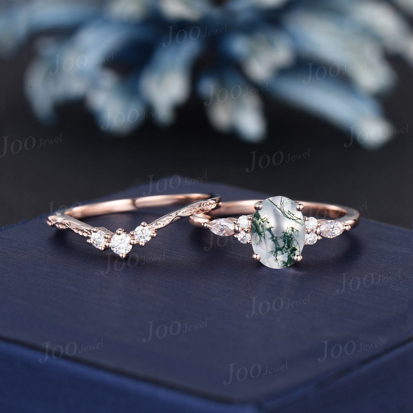1.5ct Oval Cut Natural Moss Agate Engagement Rings Set 14K Rose Gold Cluster Aquatic Agate Bridal Ring Twig Moissanite Nature Wedding Rings