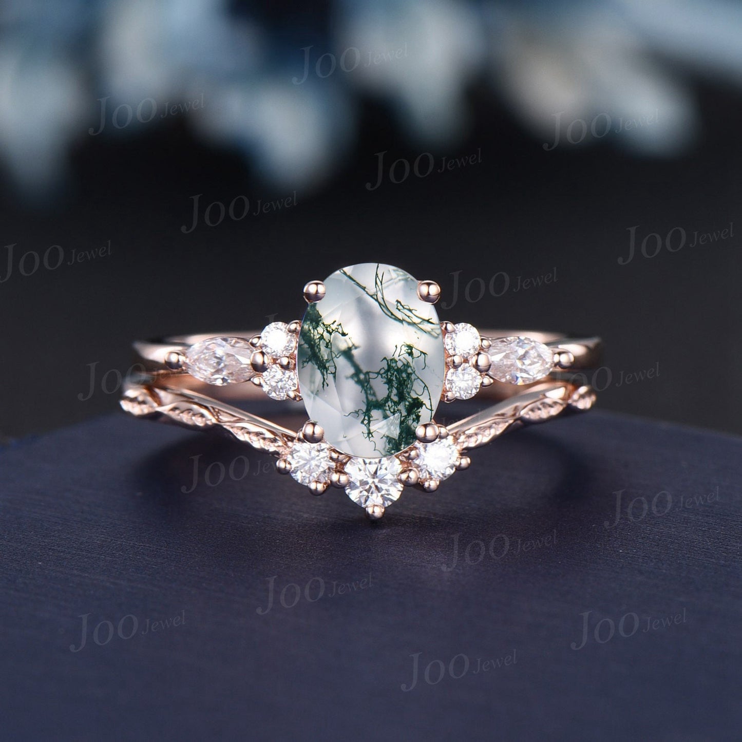 1.5ct Oval Cut Natural Moss Agate Engagement Rings Set 14K Rose Gold Cluster Aquatic Agate Bridal Ring Twig Moissanite Nature Wedding Rings