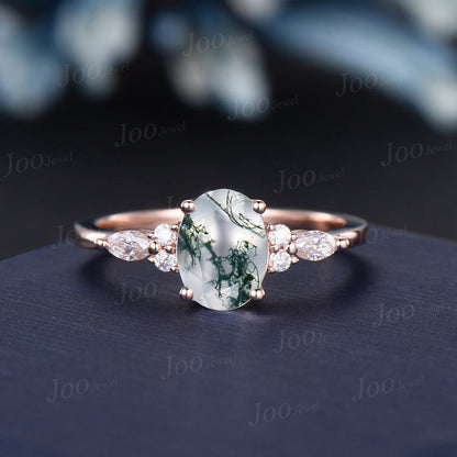 1.5ct Oval Cut Natural Moss Agate Engagement Rings Set 14K Rose Gold Cluster Aquatic Agate Bridal Ring Twig Moissanite Nature Wedding Rings