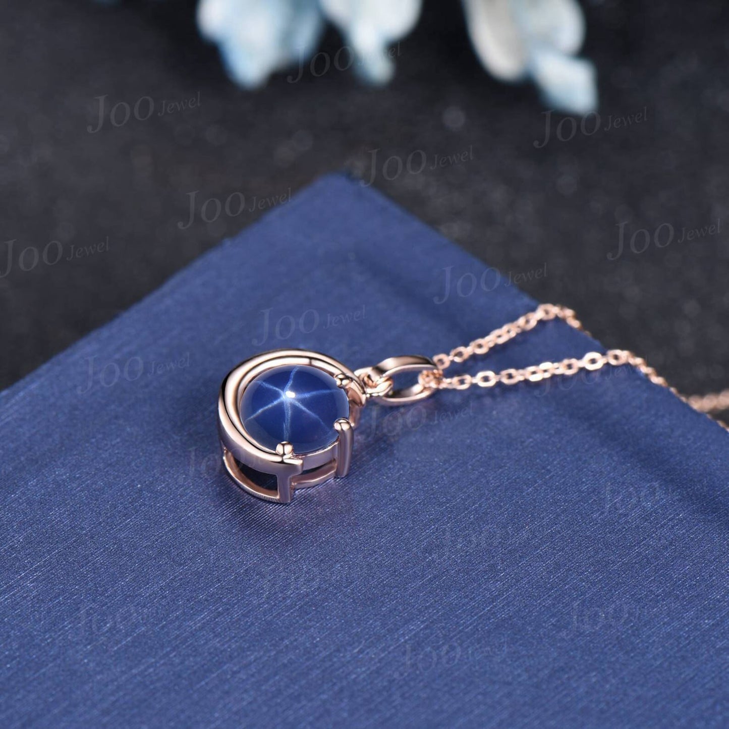 Round Star Blue Sapphire Necklace Rose Gold Crescent Moon Wedding Necklace Star Blue Bridal Solitaire Pendant Necklace Unique Promise Gifts