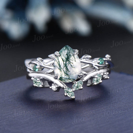 1.25ct Twig Vine Moss Agate Engagement Ring Set Branch Leaf Nature Inspired Wedding Ring Green Emerald Ring Pear Moss Agate Bridal Ring Set