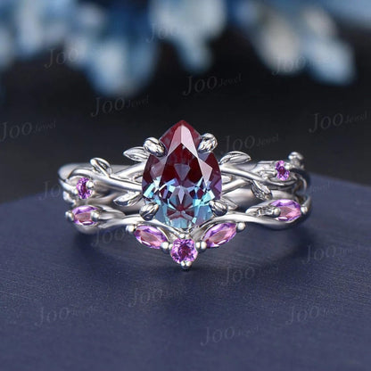 1.25ct Nature Inspired Color-Change Alexandrite Amethyst Bridal Set Twig Vine Teardrop Alexandrite Ring Set June Birthstone Birthday Gifts