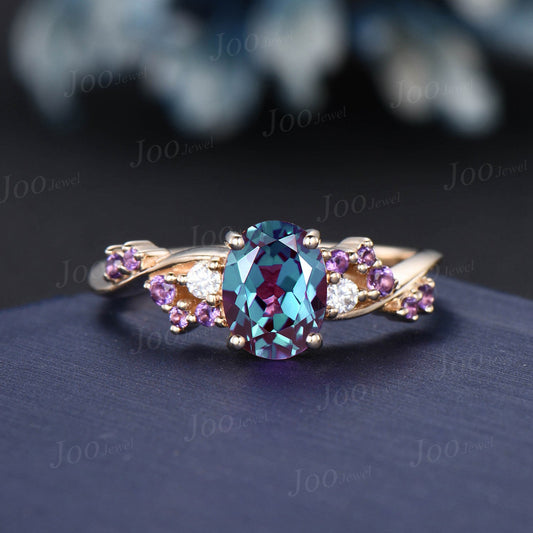 1.5ct Oval Color-Change Alexandrite Engagement Ring Cluster Moissanite Amethyst Twist Wedding Ring June Birthstone Promise Ring Gift Women