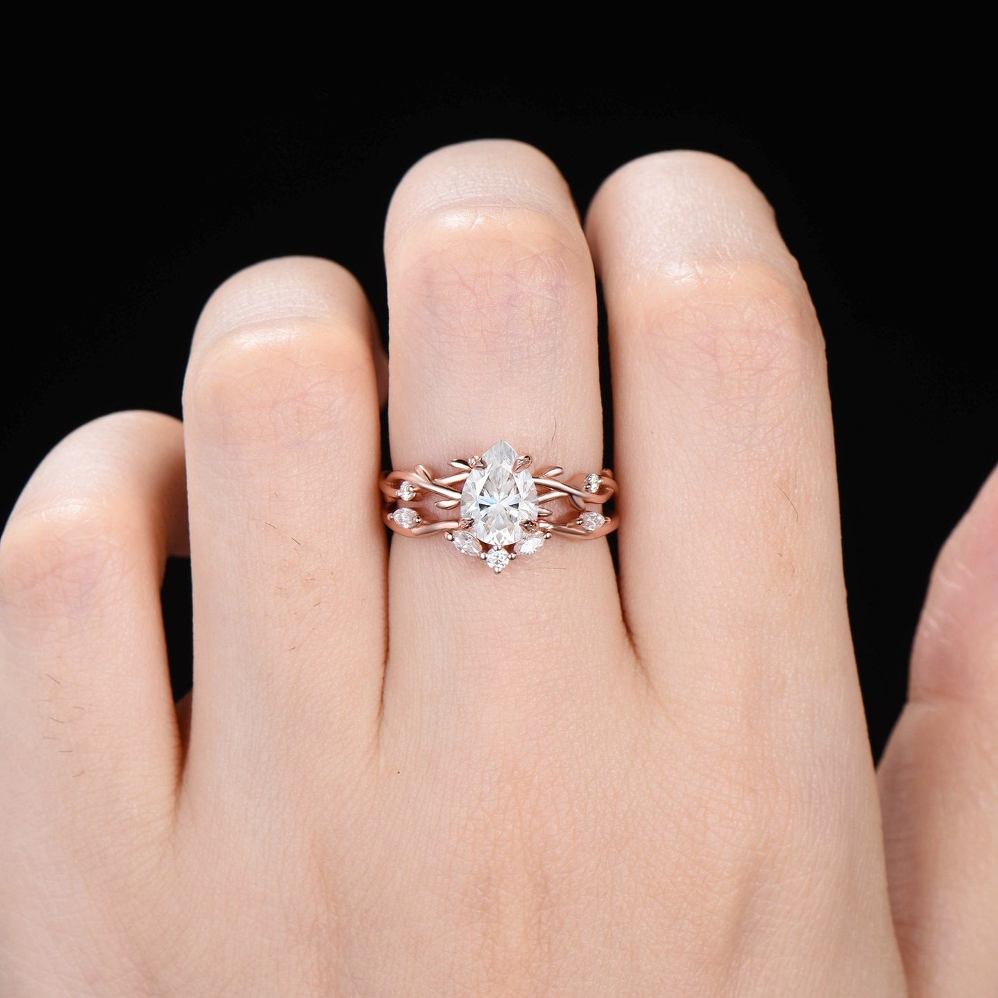 Nature Inspired Moissanite Engagement Ring Set Twist Vine Ring 1.25ct Pear Moissanite Diamond Wedding Ring Teardrop Moissanite Bridal Set