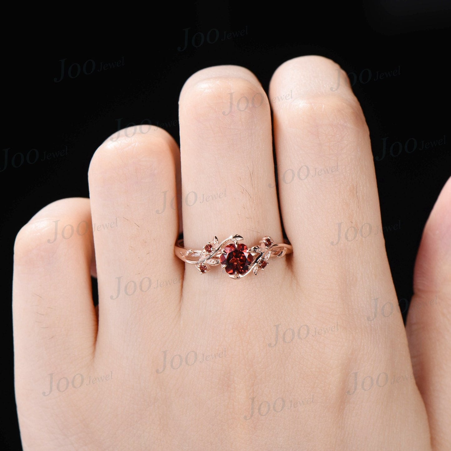 Rose Cut Natural Red Garnet Jewelry 10K Rose Gold Nature Inspired Twig Leaf Garnet Engagement Ring January Birthstone Valentine's Day Gifts