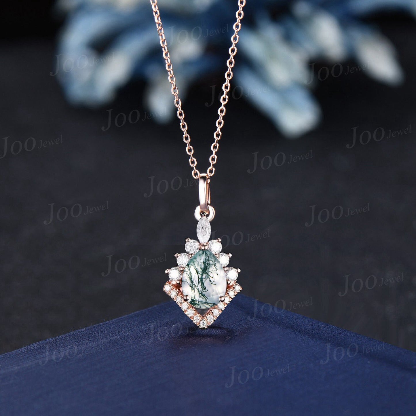 Teardrop Moss Agate Moissanite Necklace Silver/Solid 14k/18k Rose Gold Vintage Personalized Halo Gemstone Wedding Pendant Women  Bridal Gift