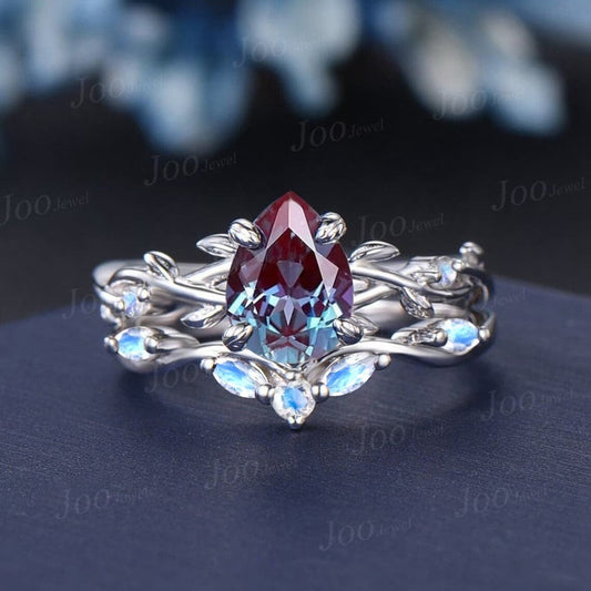 1.25ct Nature Inspired Color-Change Alexandrite Moonstone Bridal Set Twig Vine Teardrop Alexandrite Ring Set Unique June Birthstone Gifts