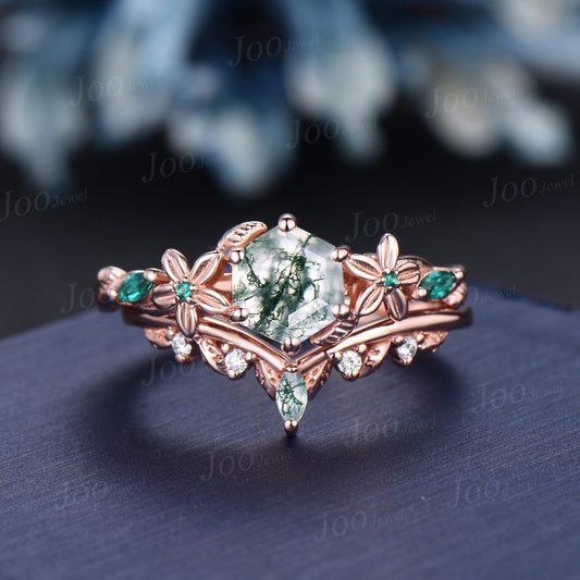 1ct Natural Hexagon Moss Agate Ring Set Vintage Nature Inspired Engagement Ring Floral Green Emerald Ring Flower Leaf Gemstone Promise Rings