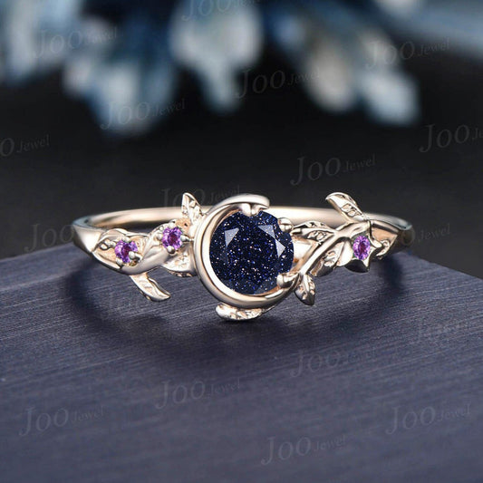 Round Nature Inspired Galaxy Starry Sky Blue Sandstone Engagement Ring Moon Star Design Cluster Amethyst Ring Blue Goldstone Promise Rings