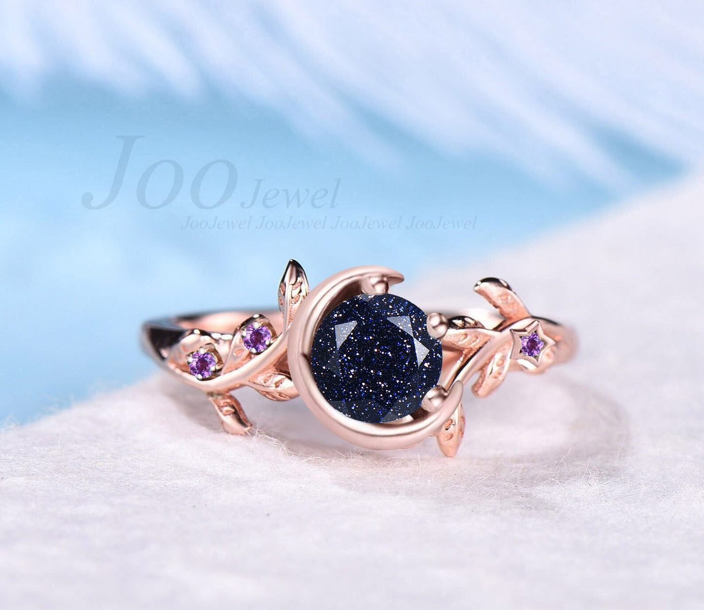 Round Nature Inspired Galaxy Starry Sky Blue Sandstone Engagement Ring Moon Star Design Cluster Amethyst Ring Blue Goldstone Promise Rings