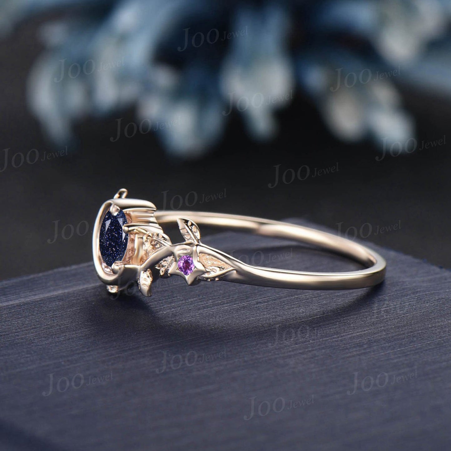 Round Nature Inspired Galaxy Starry Sky Blue Sandstone Engagement Ring Moon Star Design Cluster Amethyst Ring Blue Goldstone Promise Rings