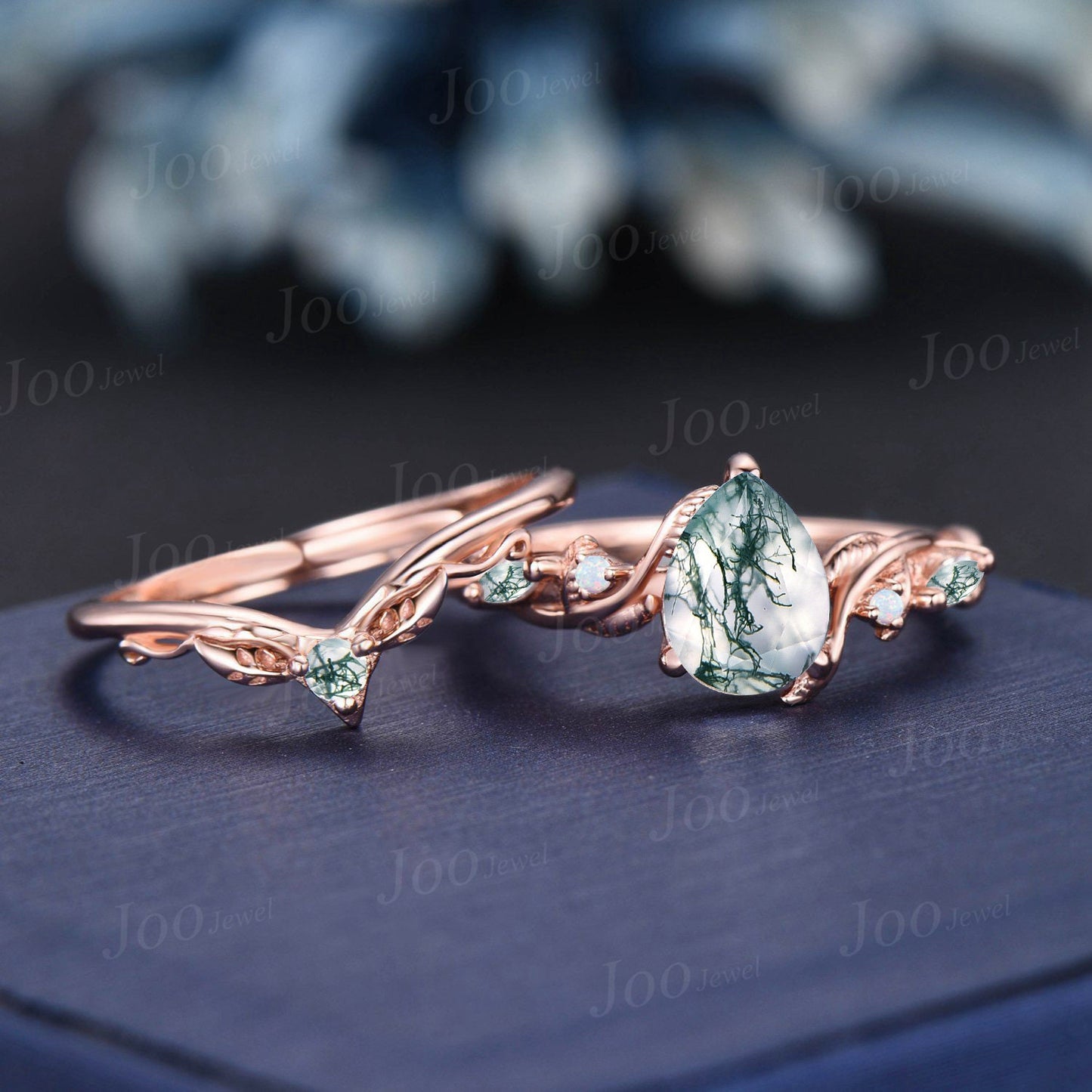 1.25ct Moss Agate Opal Engagement Ring Set Nature Inspired Moss Agate Ring Set 14K Rose Gold Twist Leaf Vine Branch Pear Wedding Ring Gifts