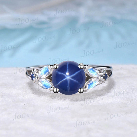 Round Cut Star Sapphire Engagement Rings Split Shank Band Cluster Natural Moonstone Blue Sapphire Promise Ring Handmade Personalized Gifts