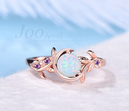 Nature Inspired Branch Opal Engagement Ring Vintage Moon Star Wedding Ring Cluster Amethyst Ring Unique October Birthstone Birthday Gifts