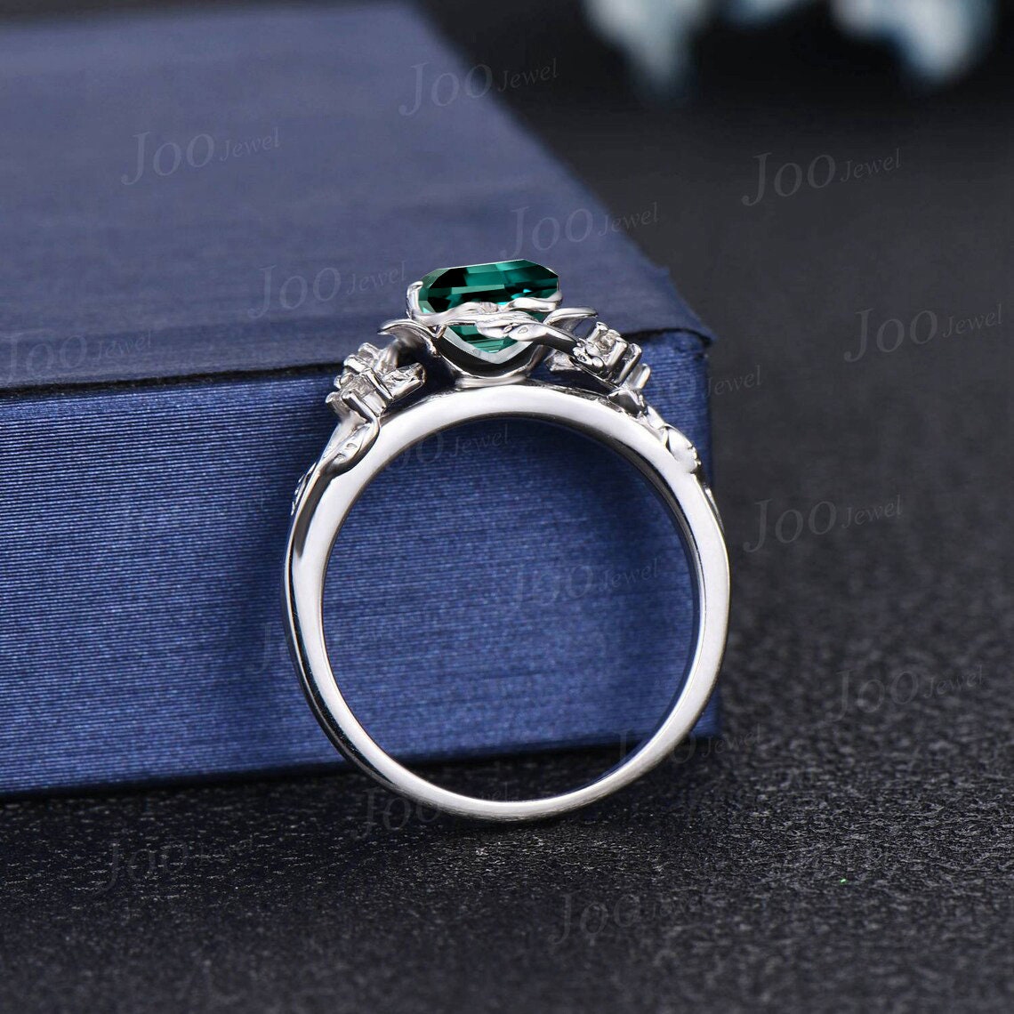 Round Green Emerald Rose Flower Engagement Ring 10K Rose Gold Floral Wedding Ring Vintage Leaf Branch Green Emerald Ring May Birthstone Gift