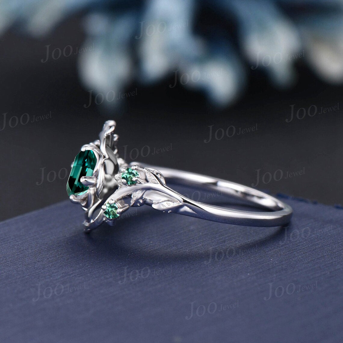 Round Green Emerald Rose Flower Engagement Ring 10K Rose Gold Floral Wedding Ring Vintage Leaf Branch Green Emerald Ring May Birthstone Gift