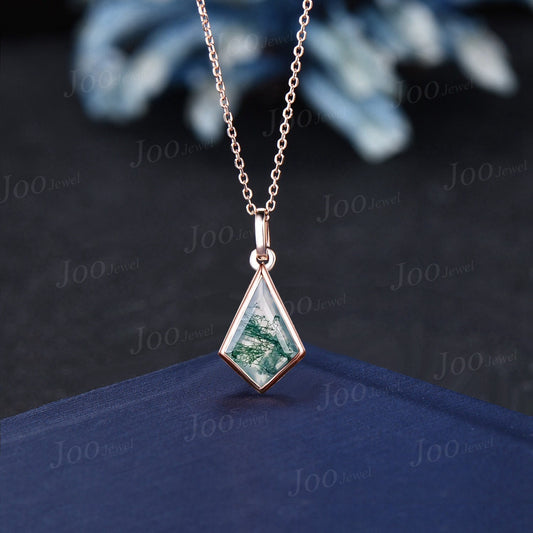 Bezel Set Natural Green Moss Agate Drop Necklace Vintage Kite Shaped Gemstone Pendant 14K Rose Gold Unique Solitaire Bridal Necklace Women