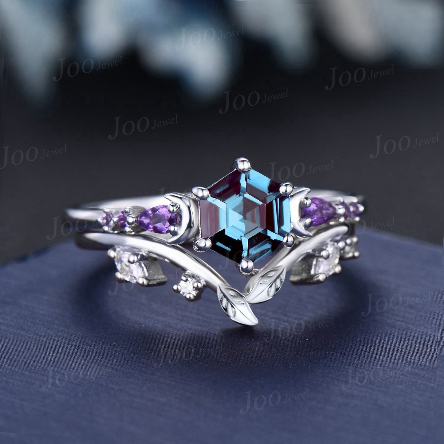 1ct Hexagon Nature Inspired Color-Change Alexandrite Engagement Ring Set 14K White Gold Branch Vine Amethyst Moissanite Moon Wedding Rings