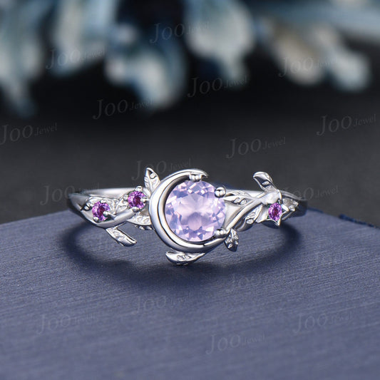 Moon Star Round Natural Lavender Amethyst Promise Ring White Gold Nature Inspired Engagement Ring Branch Leaf Crystal Amethyst Wedding Ring