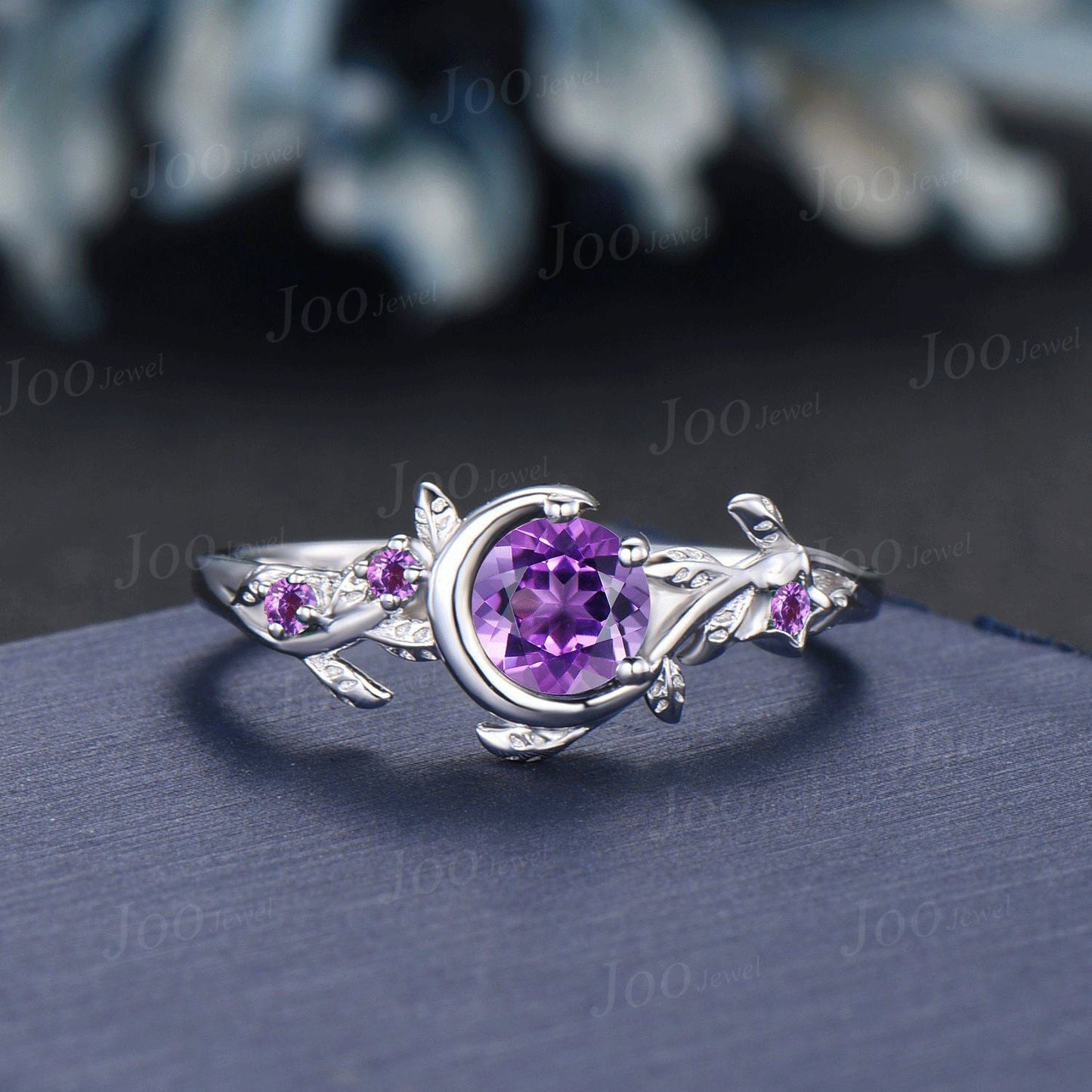 Nature Inspired Branch Natural Amethyst Engagement Ring Vintage Moon Star Wedding Ring Round Amethyst Ring Unique February Birthstone Gifts