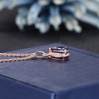 Pear Cut Color-Change Alexandrite Necklace Solid 14K/18K Rose Gold June Birthstone Gemstone Necklace Vintage Halo Moissanite Diamond Pendant