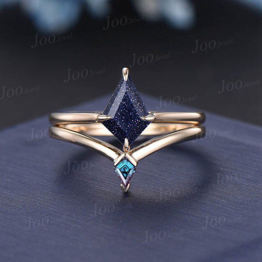 1ct Kite Blue Sandstone Alexandrite Bridal Set 10K Gold Vintage Galaxy Blue Goldstone Solitaire Wedding Ring Unique Gemstone Engagement Ring