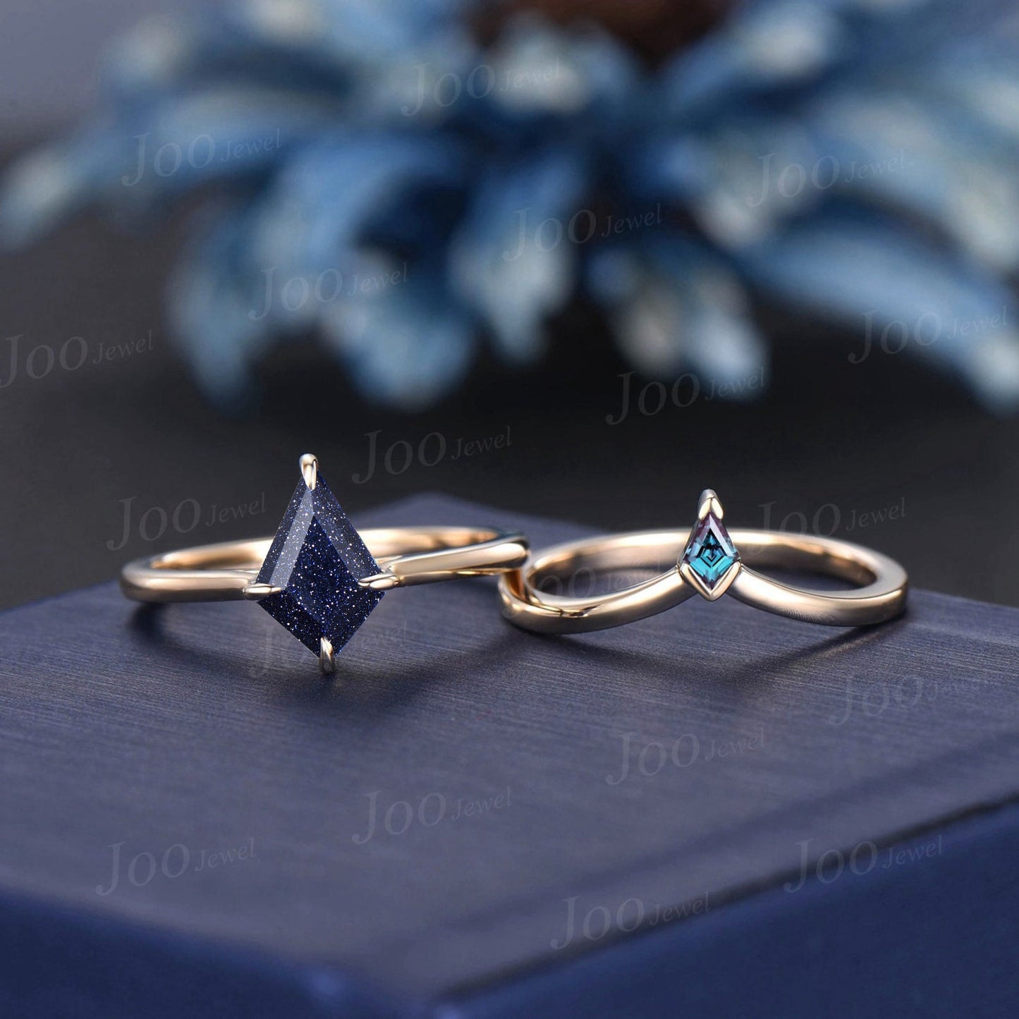 1ct Kite Blue Sandstone Alexandrite Bridal Set 10K Gold Vintage Galaxy Blue Goldstone Solitaire Wedding Ring Unique Gemstone Engagement Ring