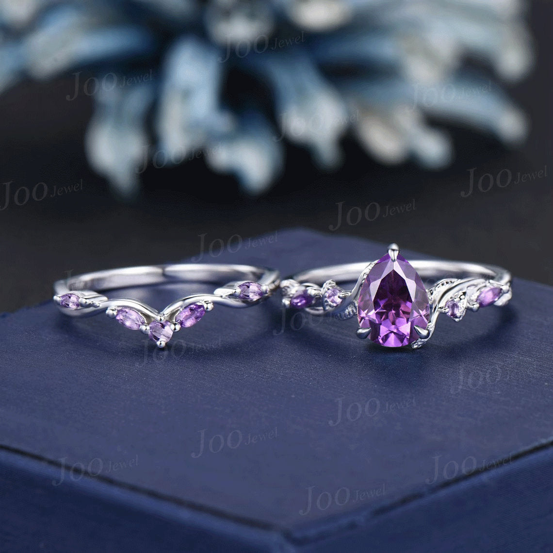 Nature Inspired Natural Amethyst Engagement Ring Set 1.25ct Twist Twig Vine Pear Wedding Ring Unique Proposal Ring February Birthstone Gifts