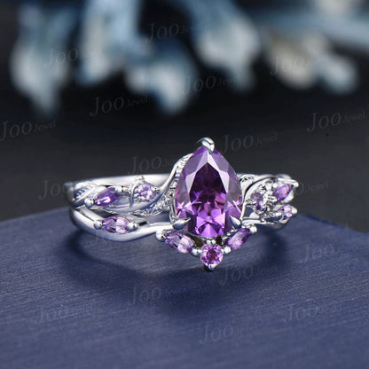 Nature Inspired Natural Amethyst Engagement Ring Set 1.25ct Twist Twig Vine Pear Wedding Ring Unique Proposal Ring February Birthstone Gifts