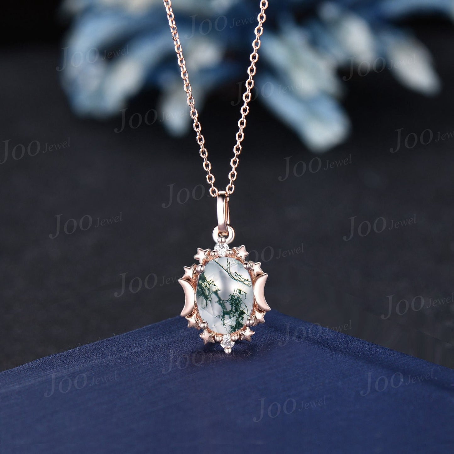 Oval Natural Moss Agate Necklace Solid 14K Rose Gold Vintage Unique Personalized Moon Star Wedding Pendant For Women Anniversary Bridal Gift