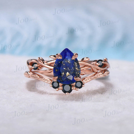 1.25ct Nature Inspired Natural Lapis Lazuli Engagement Ring Set Pear Lapis Gold Ring Twig Vine Black Spinel Wedding Ring Lapis Bridal Sets