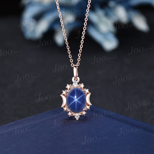 Oval Star Blue Sapphire Necklace 14K Gold Moon Star Halo Wedding Necklace Star Blue Bridal Solitaire Pendant Necklace Unique Promise Gifts