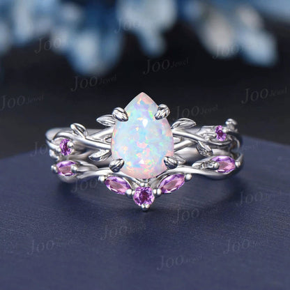 1.25ct Nature Inspired White Opal Bridal Set Unique 14K White Gold Pear Shaped Fire Opal Amethyst Wedding Ring Twig Vine Branch Promise Ring