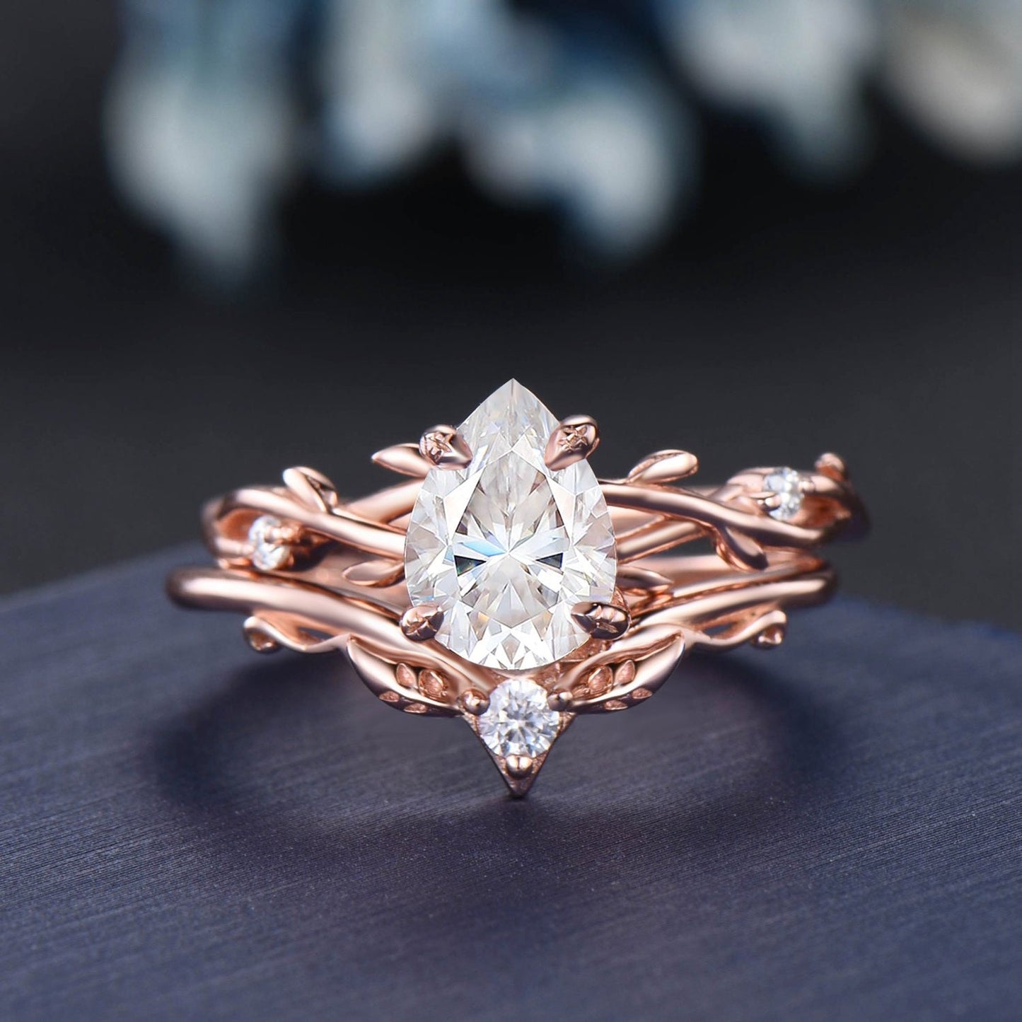 1.25ct Moissanite Diamond Ring Set 14K Rose Gold Nature Inspired Twig Vine Diamond Engagement Ring Unique Pear Wedding Anniversary Ring Gift
