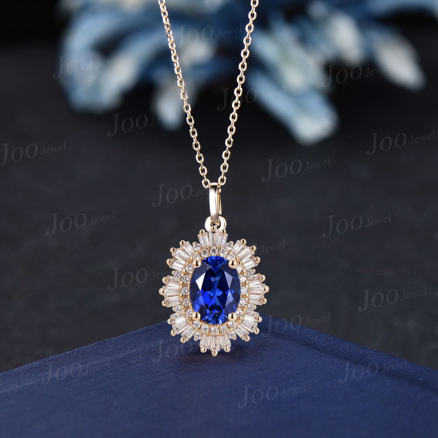 Noble Royal Oval Blue Sapphire Diamond Necklace 14K Rose Gold Double Halo Moissanite Wedding Bridal Pendant Unique September Birthstone Gift