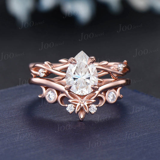 1.25ct Pear Moissanite Diamond Ring Set 14K Rose Gold Nature Inspired Twig Vine Moissanite Engagement Ring Unique Promise Anniversary Rings